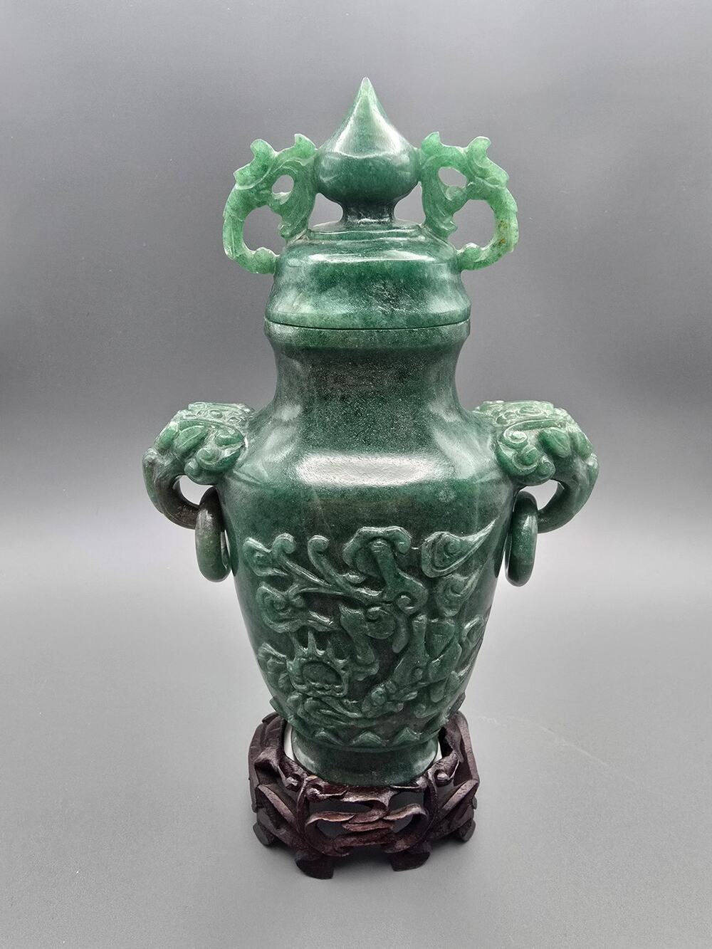 Chinese Spinach Green Jadeite Covered Vase